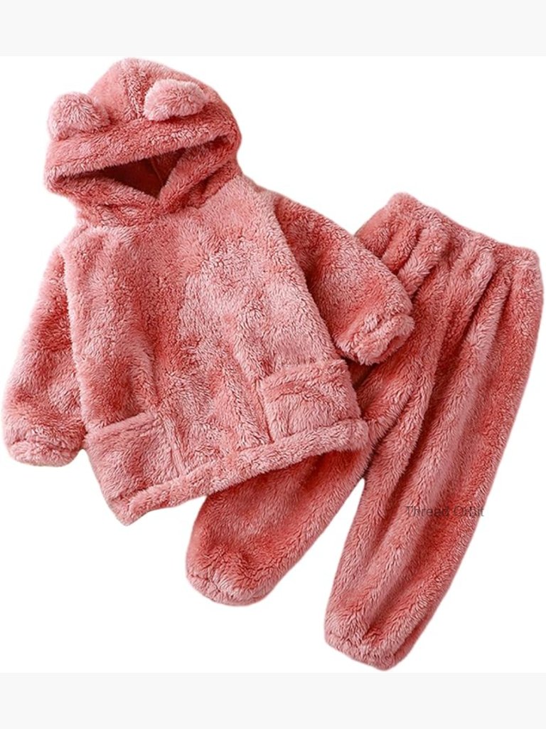 Girl's Fuzzy Bear Ear Hoodie Sweatshirt With Matching Fleece Pants Set